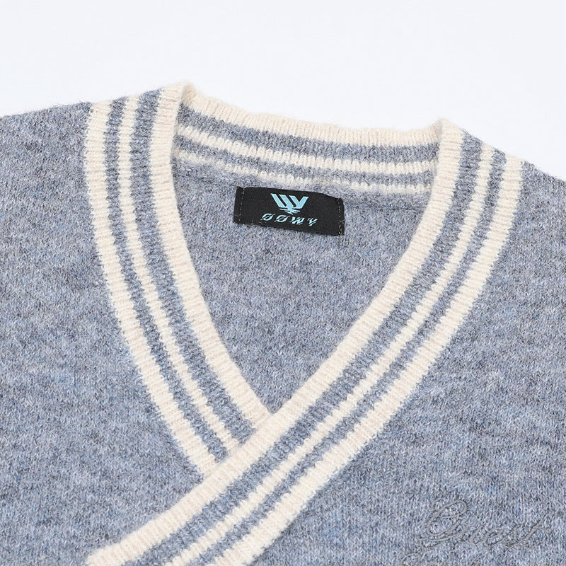 V-Neck Knit Sweater Vest with Irregular Hem & Puppy Embroidery