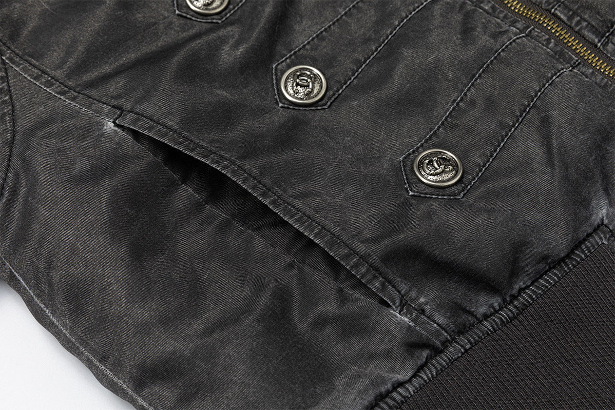 Military-Style Padded Bomber Jacket – Stand Collar, Double-Breasted Buttons