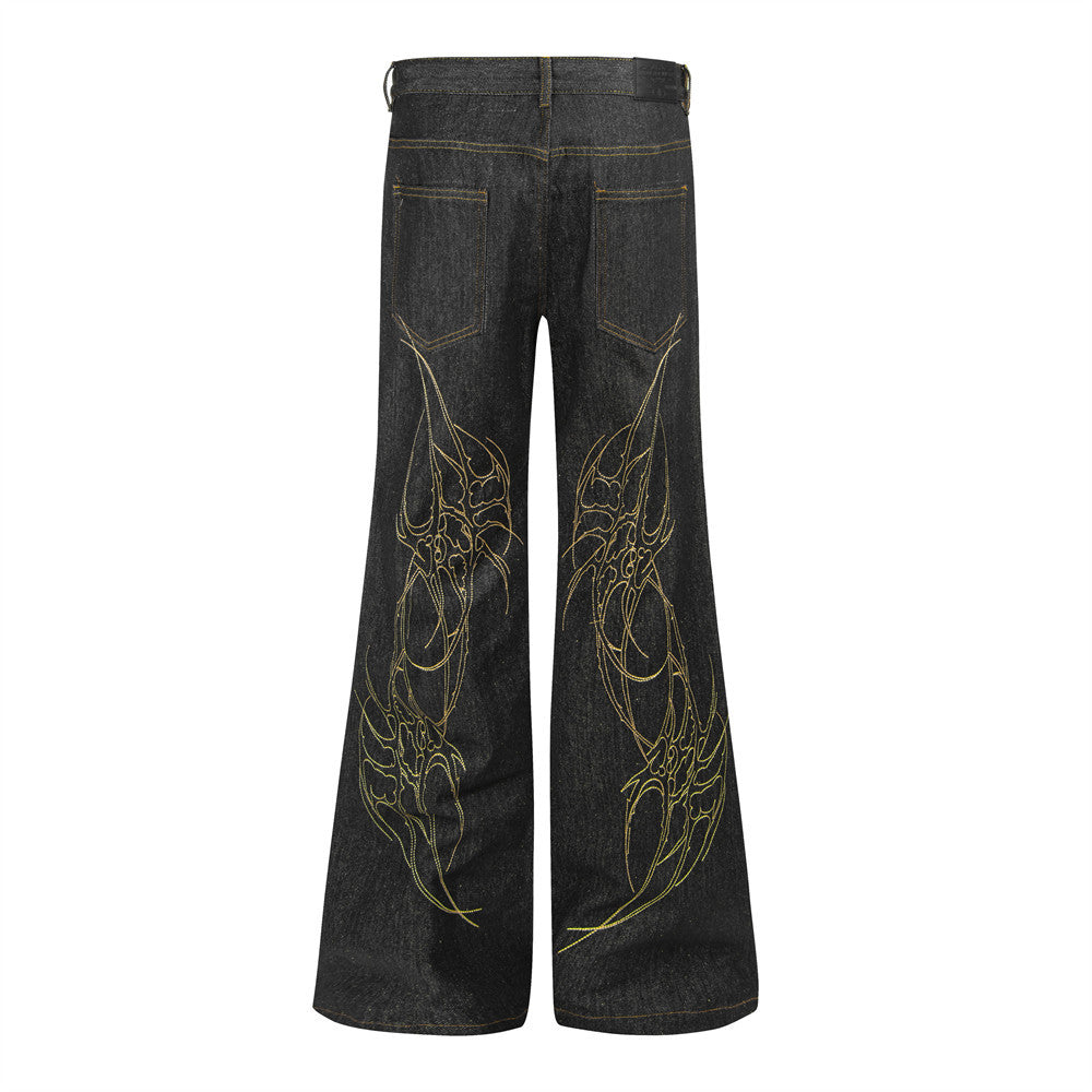 Raw Black Denim Flare Jeans – Wide-Leg Embroidered Streetwear Pants