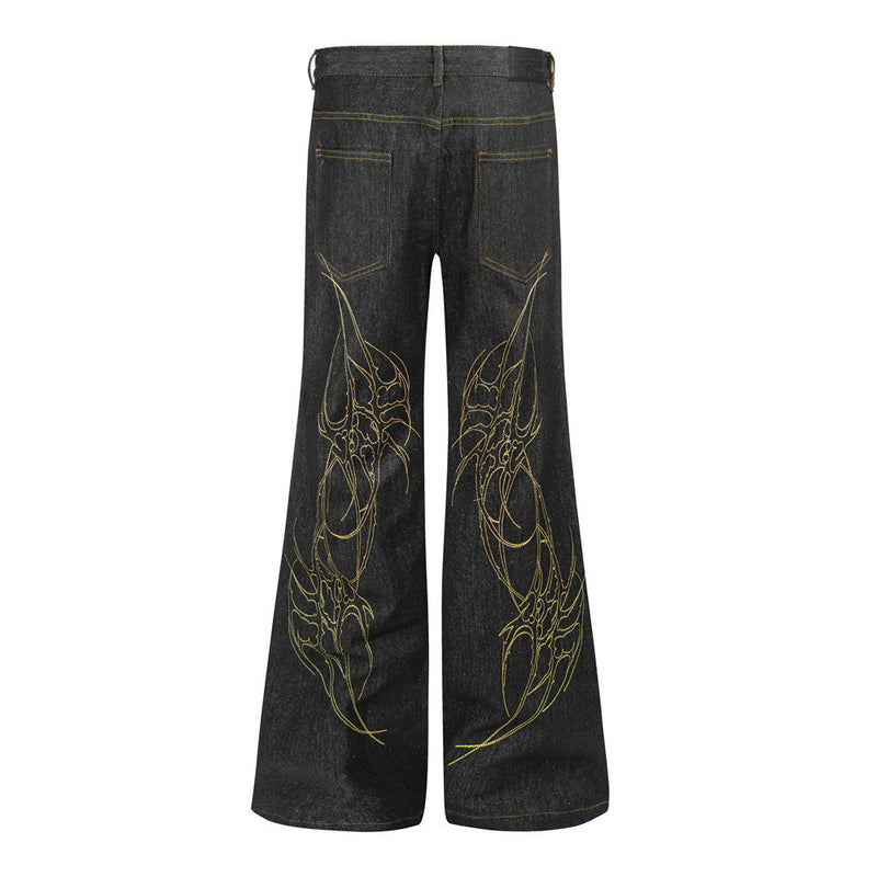 Raw Black Denim Flare Jeans – Wide-Leg Embroidered Streetwear Pants