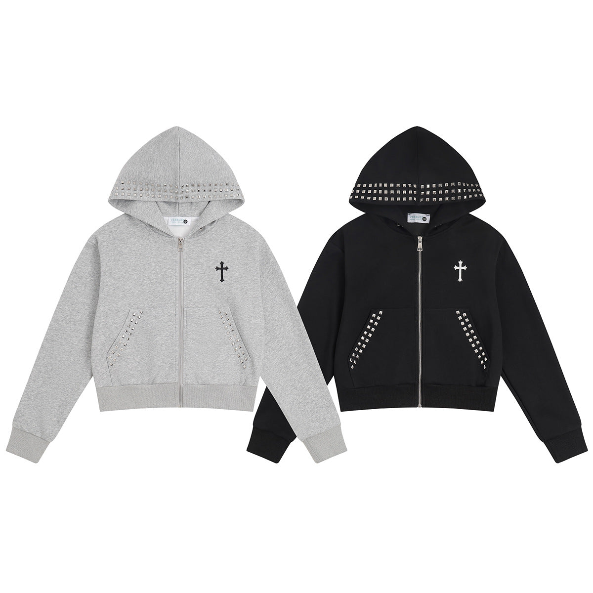 Sweat à capuche zippé raccourci, bord de capuche clouté, broderie gothique en croix sur la poitrine et bordure de poche cloutée, noir et gris chiné