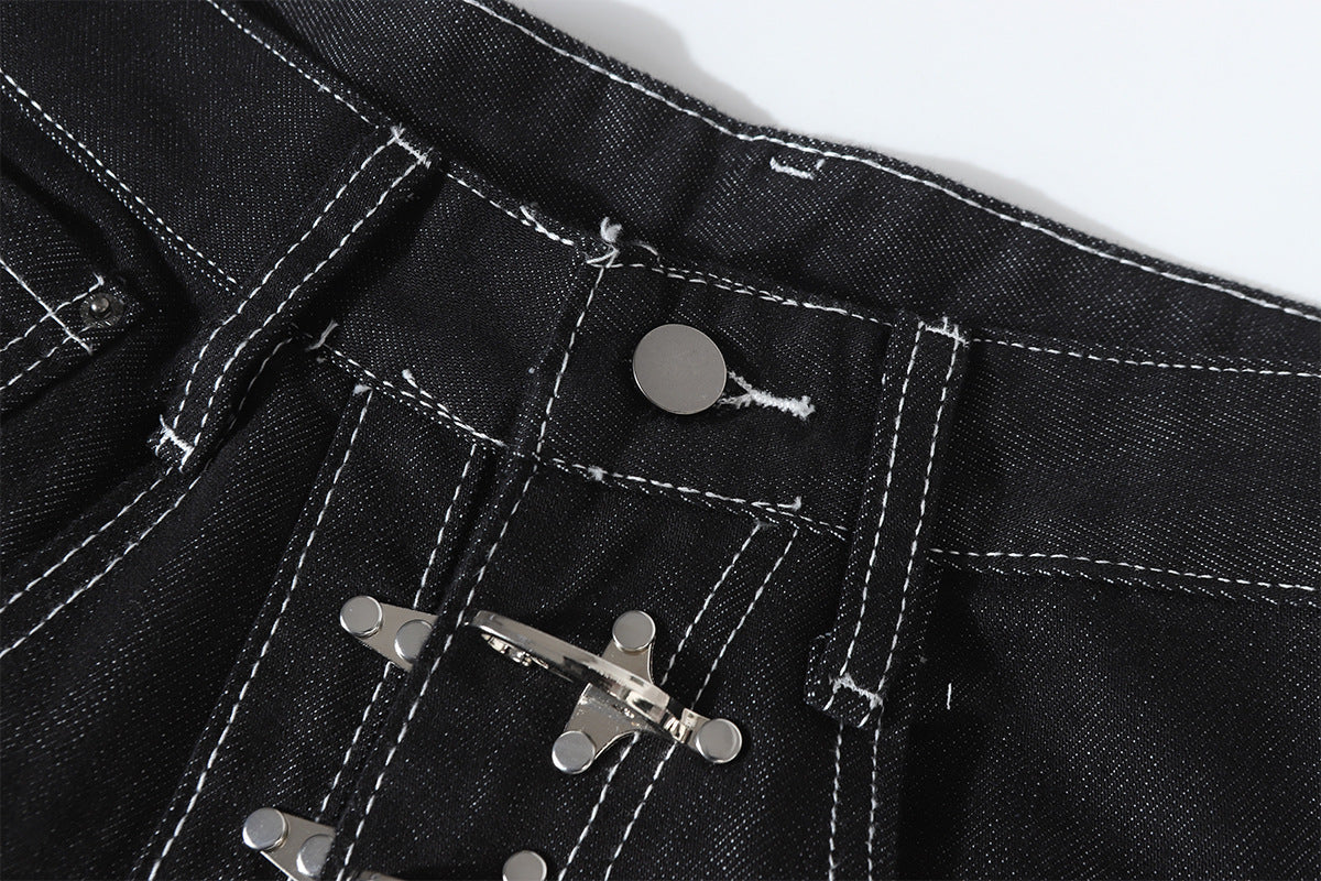 Wide-Leg Baggy Black Jeans with Safety Pin Closures – Streetwear Barrel Fit