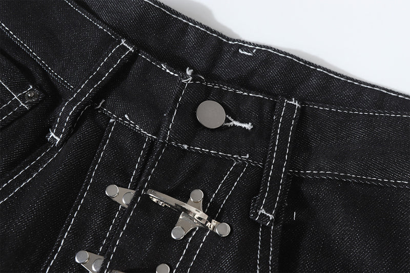 Wide-Leg Baggy Black Jeans with Safety Pin Closures – Streetwear Barrel Fit