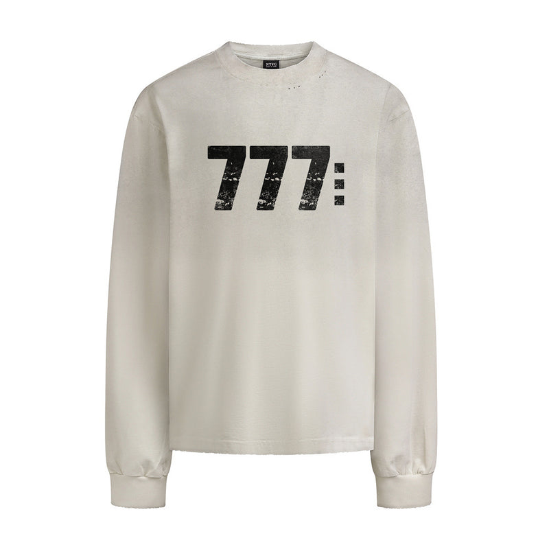 Langarmshirt mit 777-Zahlendruck – Used-Look-Rundhals-Streetwearshirt