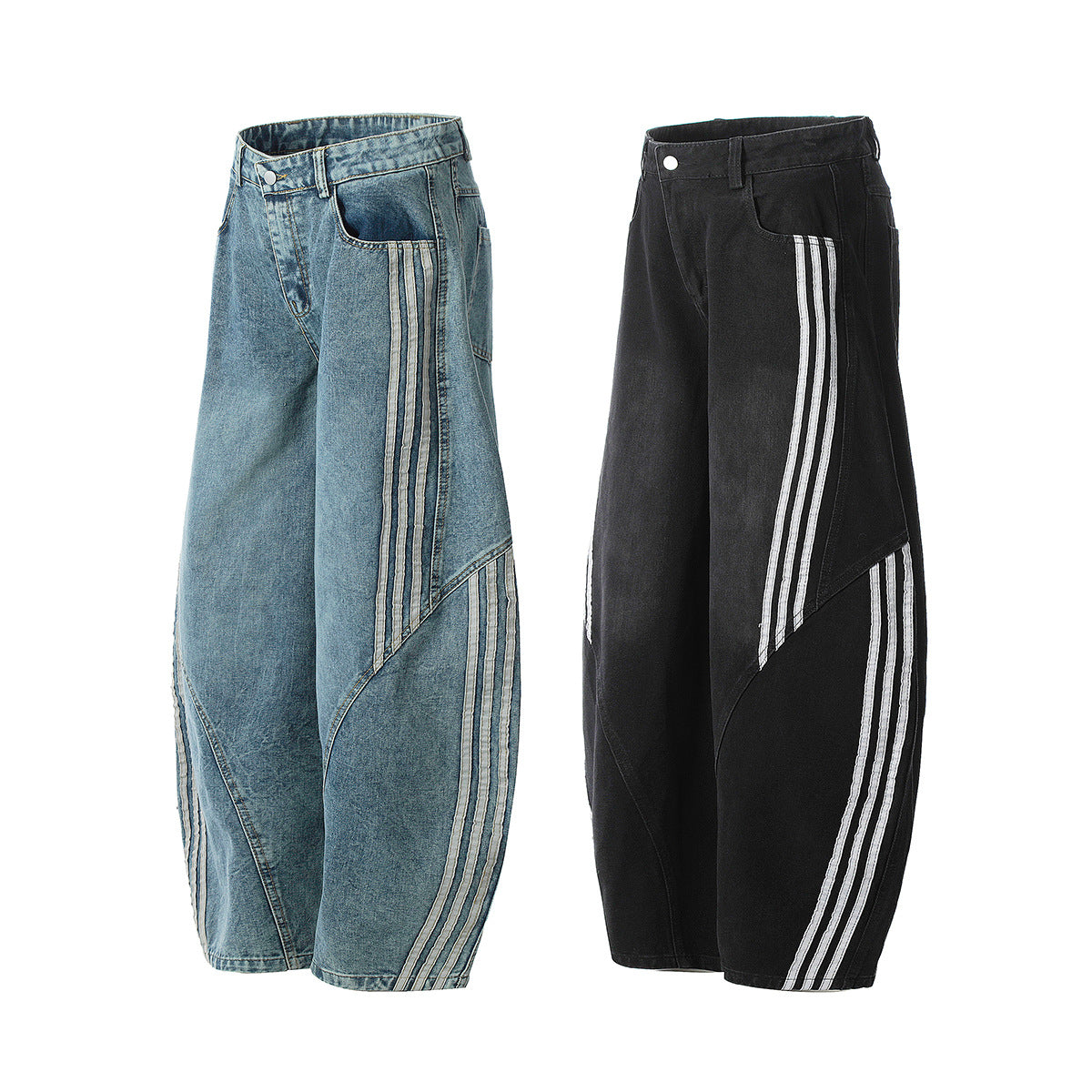 Men's Baggy Wide-Leg Jeans with Triple Stripe Detail – Washed Denim