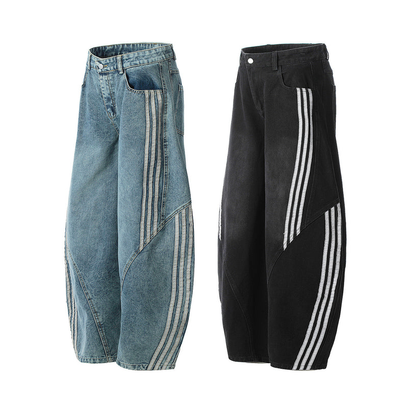 Men's Baggy Wide-Leg Jeans with Triple Stripe Detail – Washed Denim