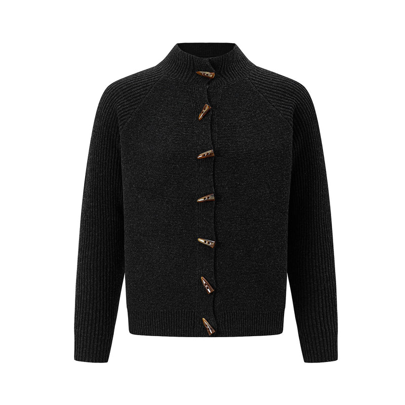 Mock Neck Knit Cardigan Sweater with Toggle Buttons