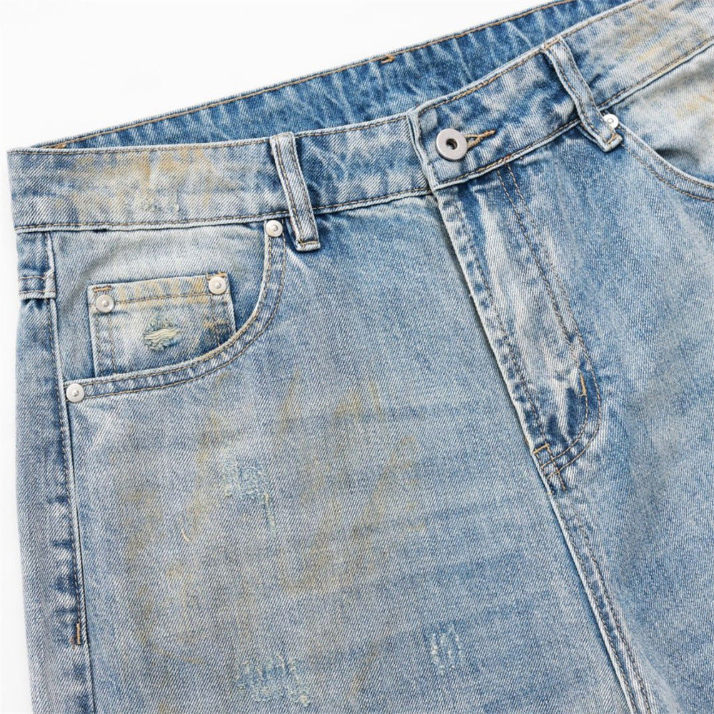 Ripped Wide-Leg Jeans – Men's Mud-Dye Distressed Straight Denim