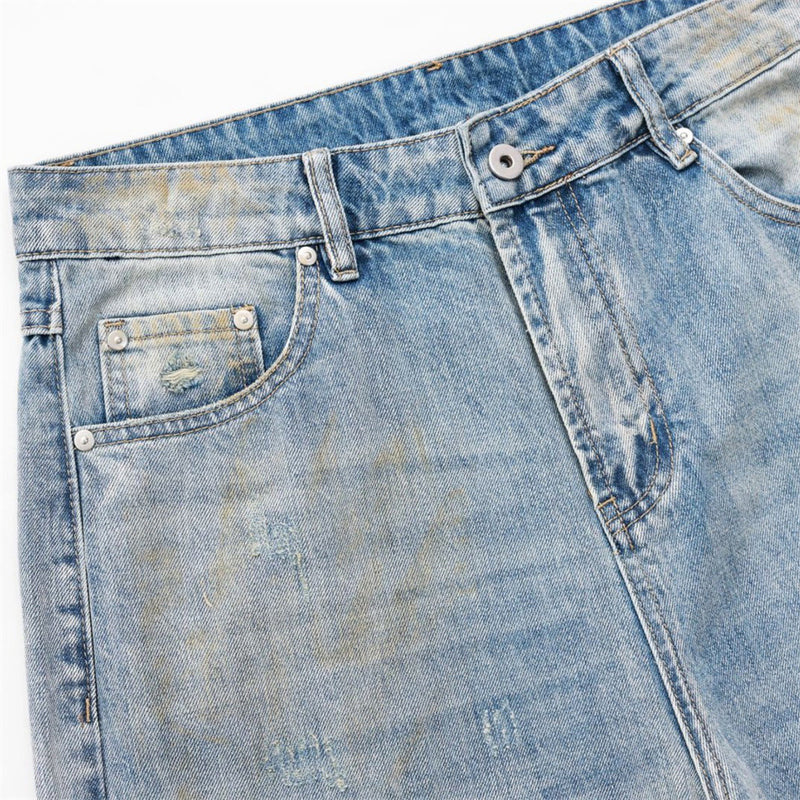 Ripped Wide-Leg Jeans – Men's Mud-Dye Distressed Straight Denim