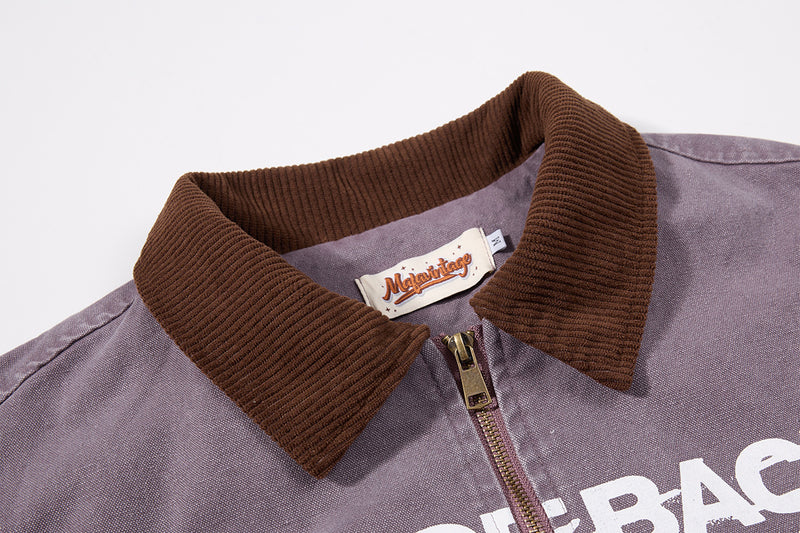 Traceback Graphic Washed Canvas Bomber Jacket with Corduroy Collar