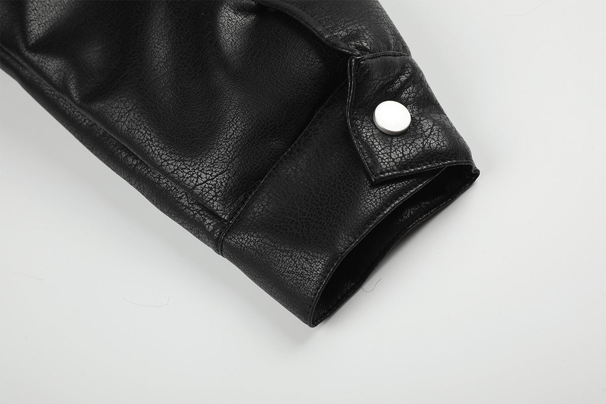 Black Faux Leather Bomber Jacket with Spotted Faux Fur Collar