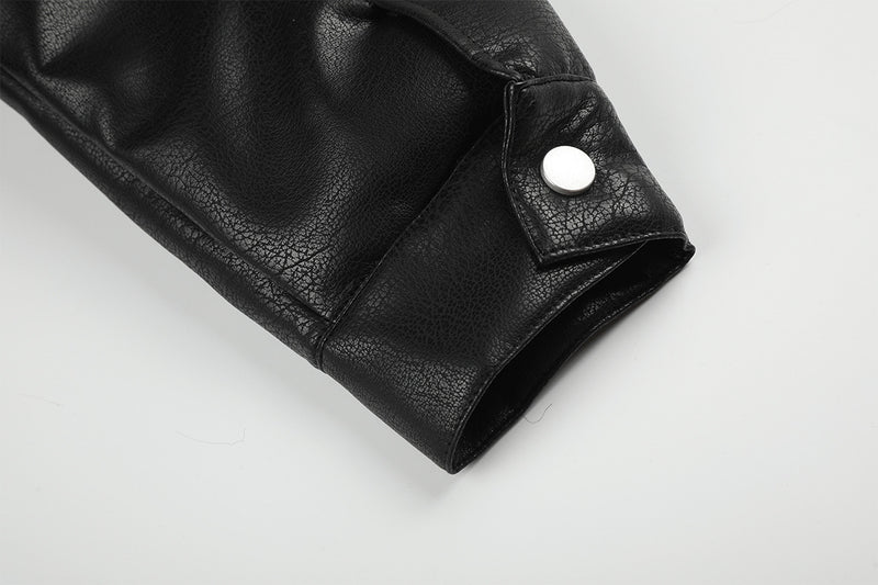 Black Faux Leather Bomber Jacket with Spotted Faux Fur Collar