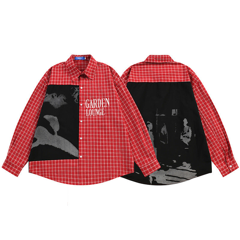 Plaid Patchwork Shadow Print Long Sleeve Shirt – Oversized Punk Street Style