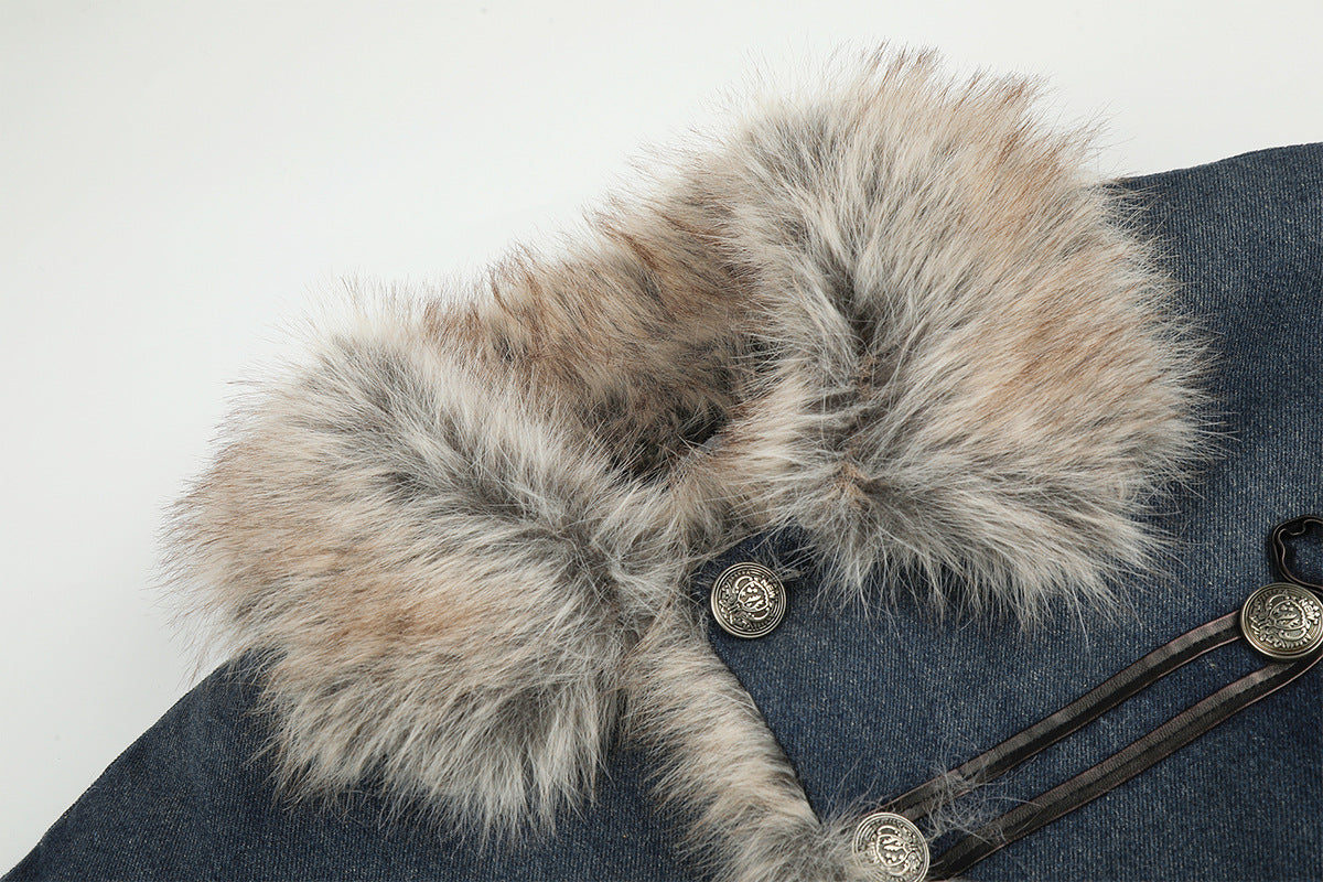 Fur Collar Denim Jacket – Fleece-Lined Vintage Moto Style