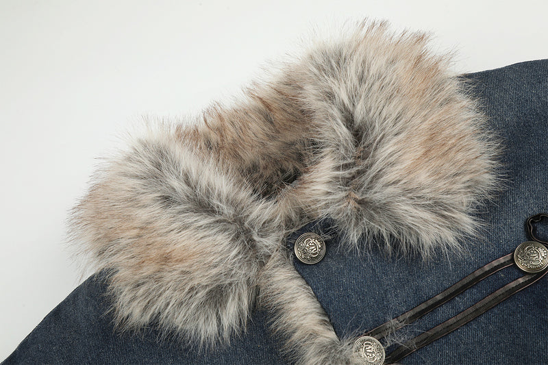 Fur Collar Denim Jacket – Fleece-Lined Vintage Moto Style