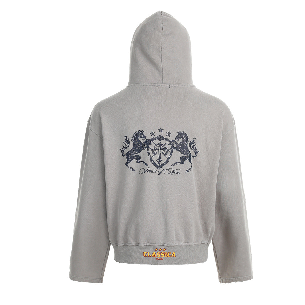 Zip-Up Cropped Hoodie Acid Wash Heraldic Crest Streetwear