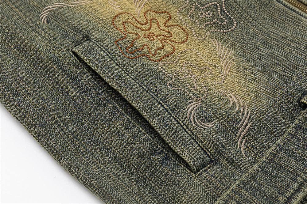 Vintage Washed Denim Jacket – Floral Embroidery, Zip-Up, Belted Waist
