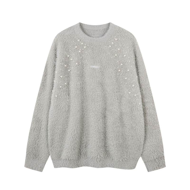 Oversized fuzzy knit crewneck sweater with pearl bead embellishments in grey, shown front view