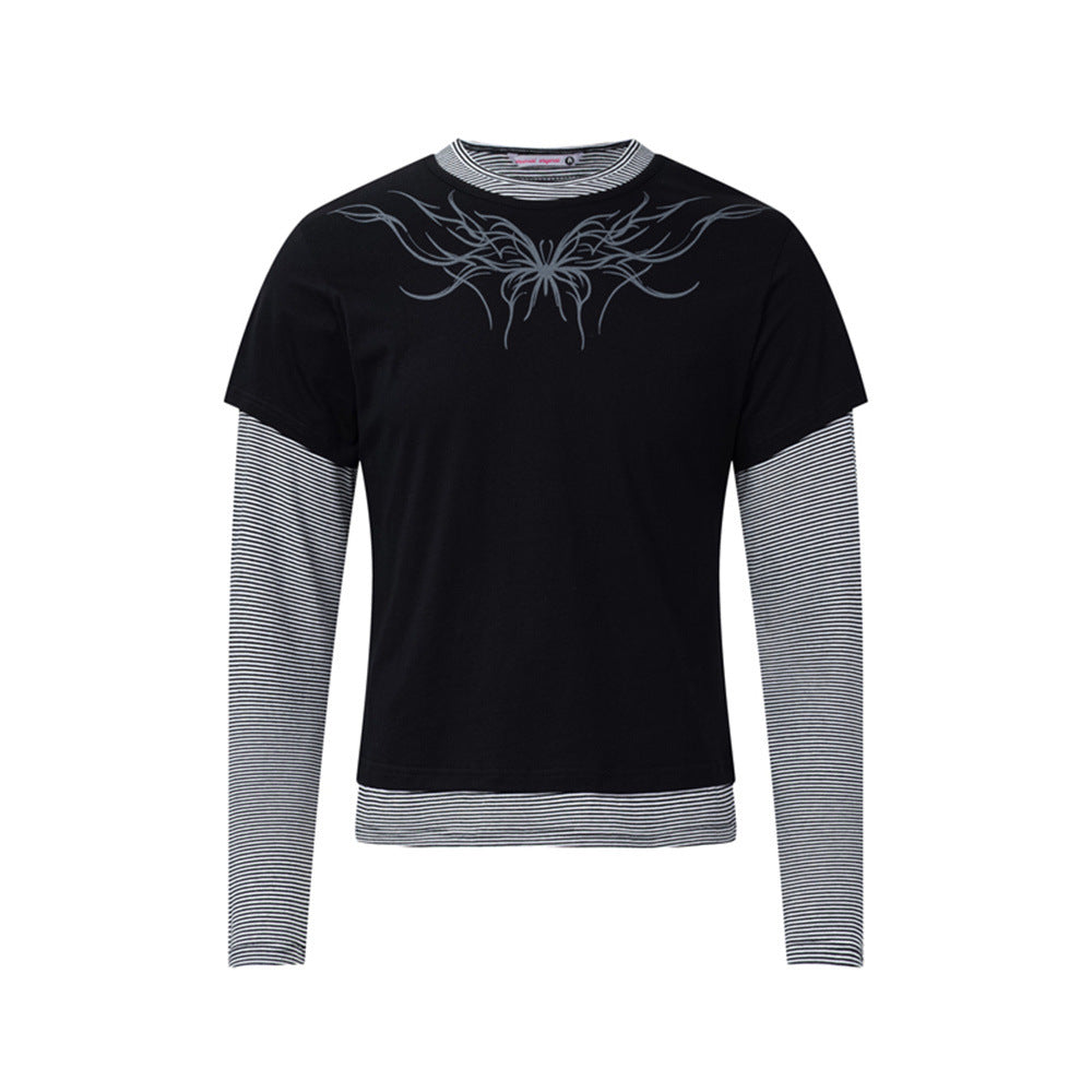 T-shirt graphique gris pour homme – Manches rayées superposées, imprimé tribal et manches longues