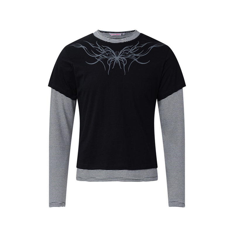 T-shirt graphique gris pour homme – Manches rayées superposées, imprimé tribal et manches longues