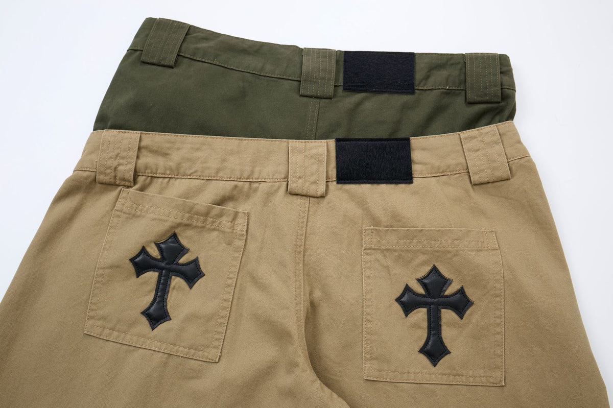 Baggy Khaki Cargo Pants – Double Waist Wide-Leg Balloon Trousers with Cross