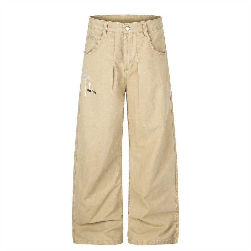 Wide-Leg Men's Pants with Star Embroidery & Cross Back Graphic – Relaxed