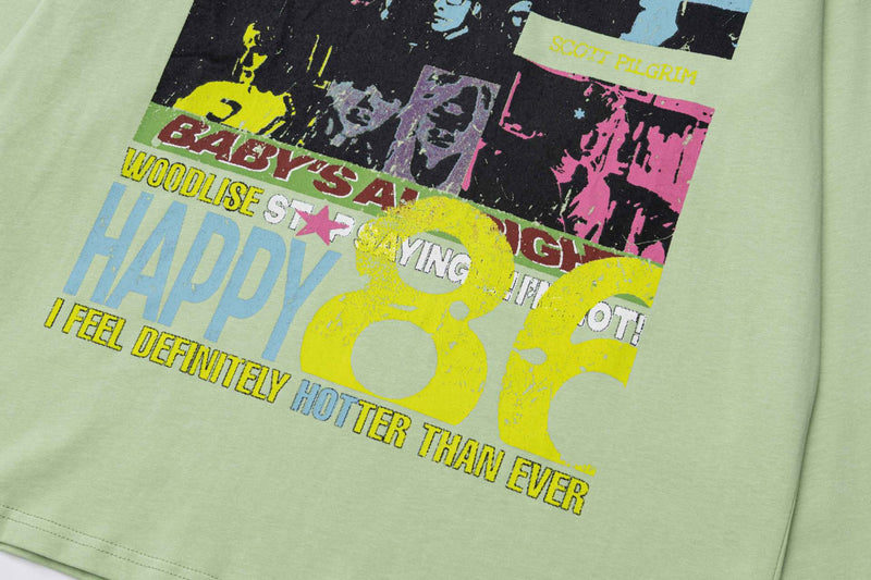 Camiseta gráfica de manga larga – Estampado pop art retro de Scott Pilgrim, cuello redondo streetwear