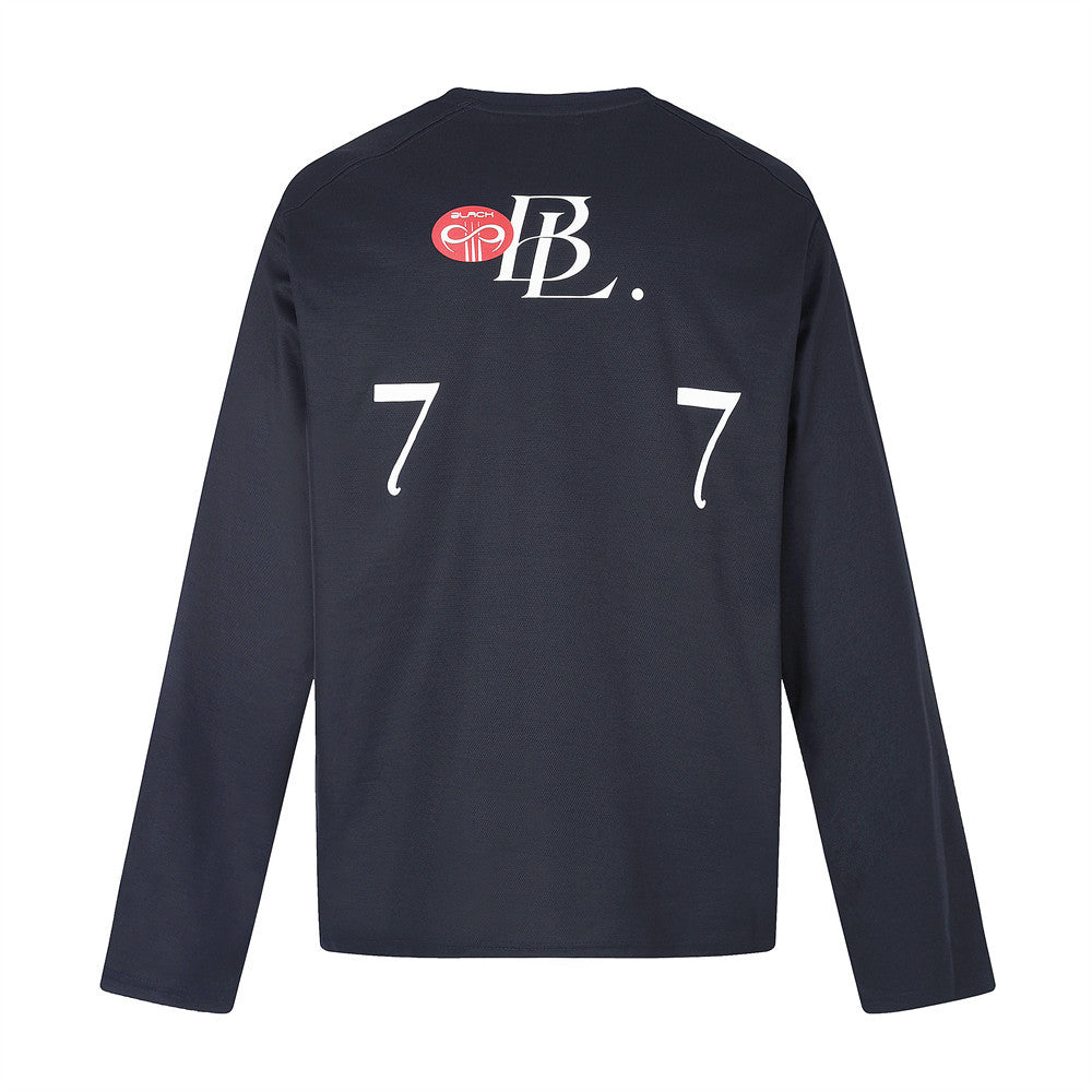 Black long sleeve crew neck tee, back view with large number print and logo at the upper back