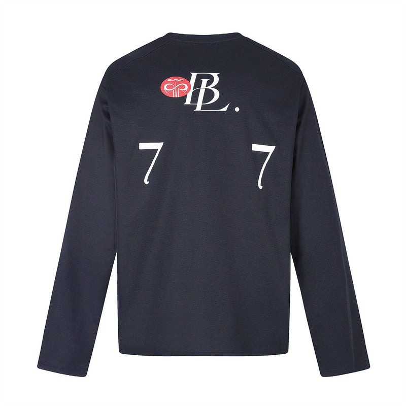 Black long sleeve crew neck tee, back view with large number print and logo at the upper back