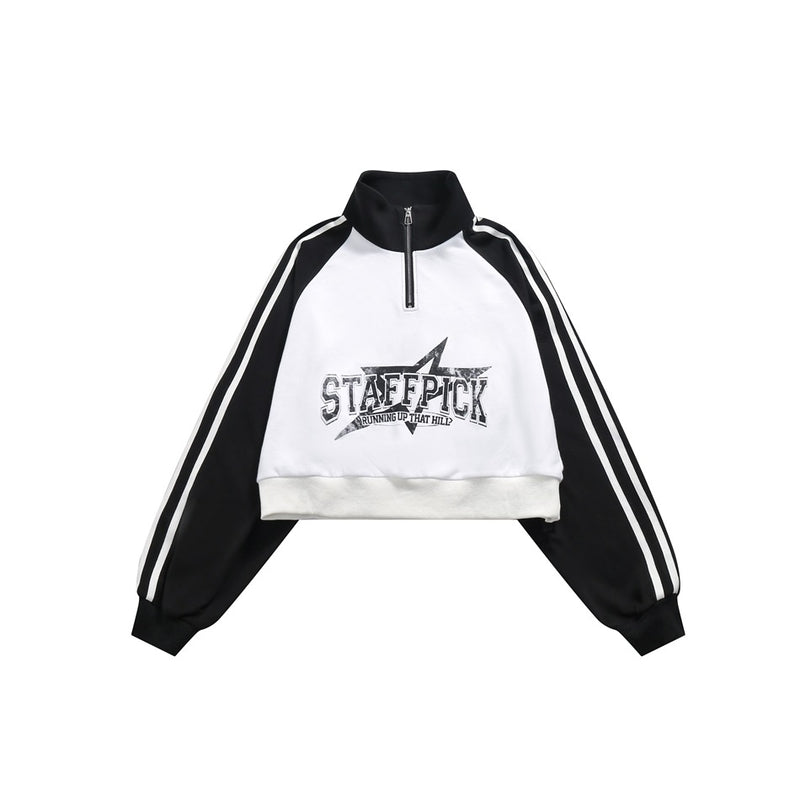 Cropped Half-Zip Sweatshirt Jacket – Colorblock Raglan with Stripe Sleeves