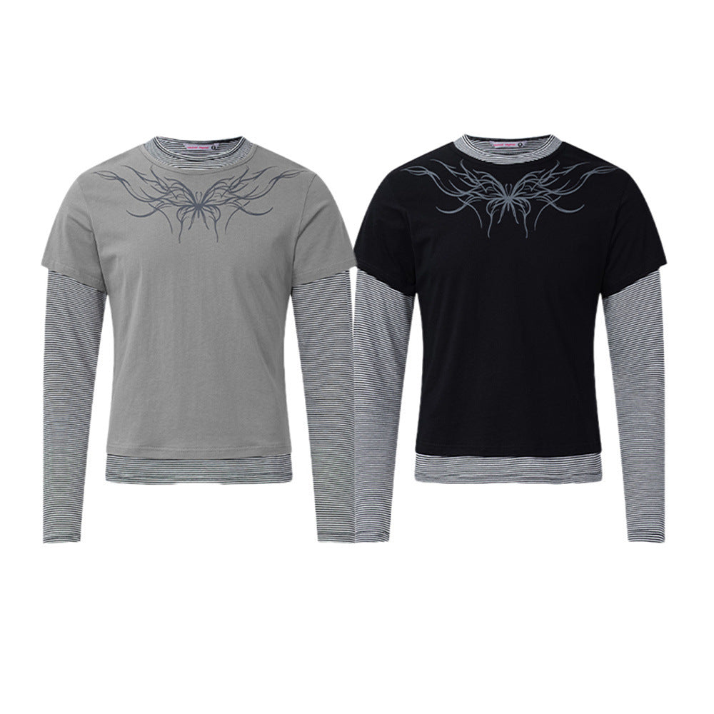 T-shirt à manches longues effet deux pièces pour homme, imprimé papillon tribal sur la poitrine et manches inférieures côtelées à fines rayures