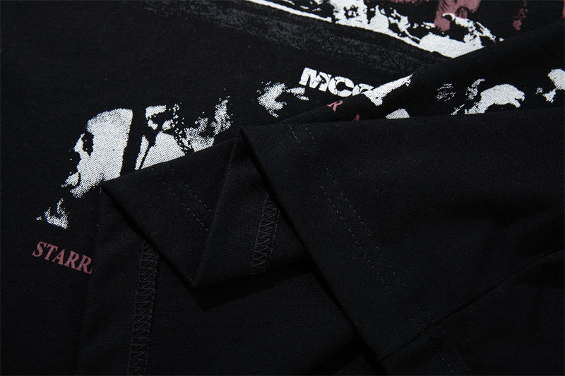 Long Sleeve T-Shirt Men Black Camo Layered Graphic Rock Print Oversized Tee