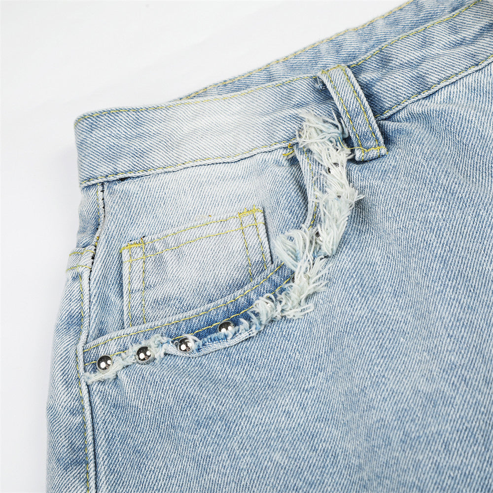 Wide Leg Cargo Jeans with Rhinestone Side Detail & Lace Trim — Light Wash Baggy