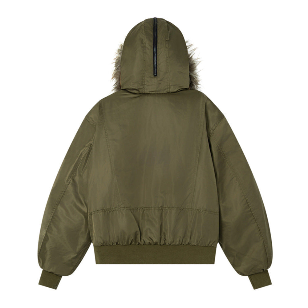 Veste bomber à capuche bordée de fourrure – Manteau d’hiver à poches multiples et double fermeture zippée