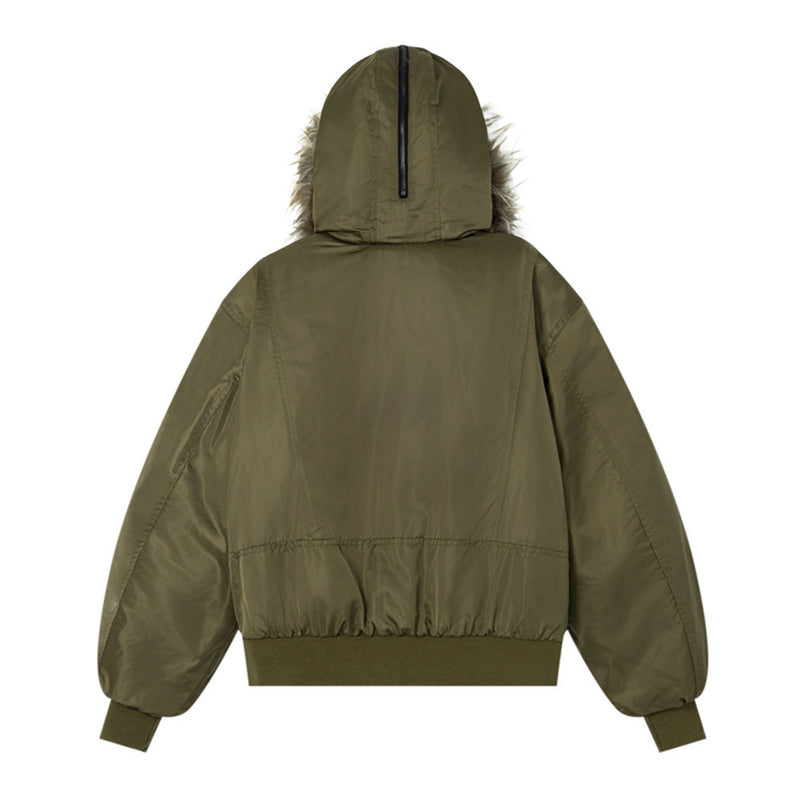 Veste bomber à capuche bordée de fourrure – Manteau d’hiver à poches multiples et double fermeture zippée