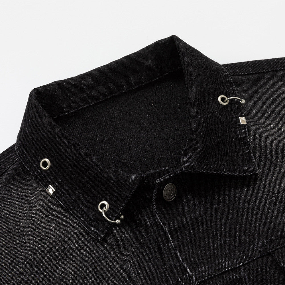 Black Jean Jacket Men – Punk Washed Denim with Metal Ring Hardware