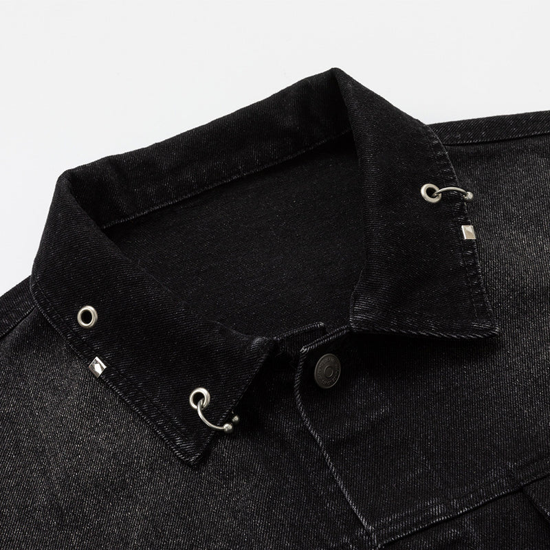 Black Jean Jacket Men – Punk Washed Denim with Metal Ring Hardware