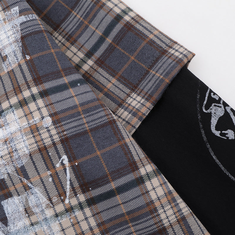 Plaid Faux Two-Piece Long Sleeve Shirt – Punk Letter Print, Relaxed Fit
