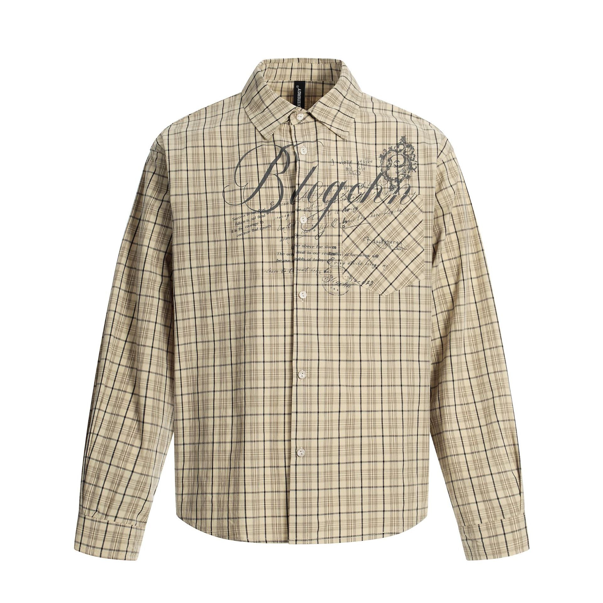Camisa de manga larga de cuadros para hombre, de corte relajado, con estampado gráfico de letras cursivas vintage en el pecho, mostrada en caqui y negro