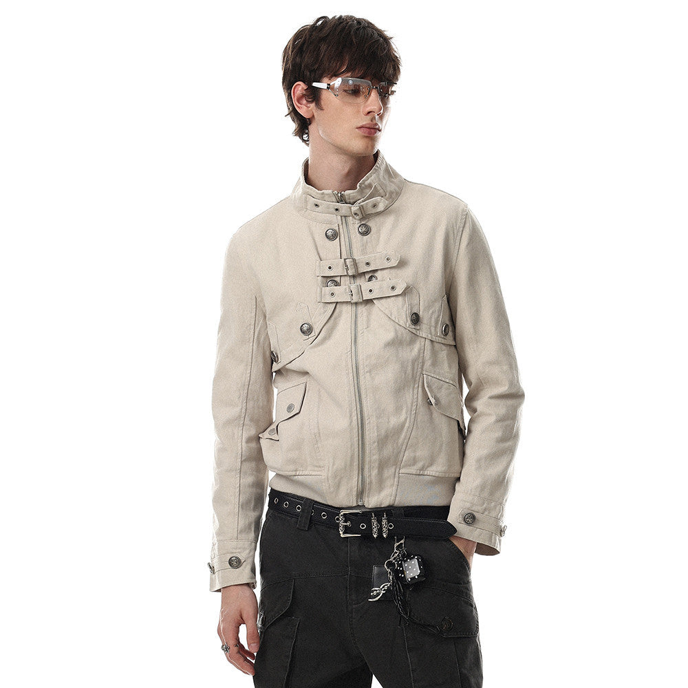 Men's cropped military-inspired jacket in off-white with stand collar, double buckle chest straps, and embossed silver button