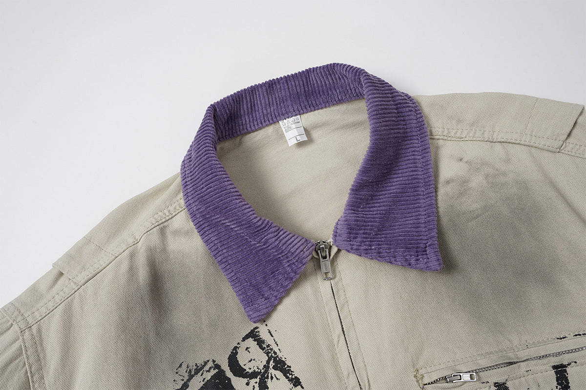 Veste zippée à imprimé graphique avec col en velours côtelé – Streetwear vintage délavé