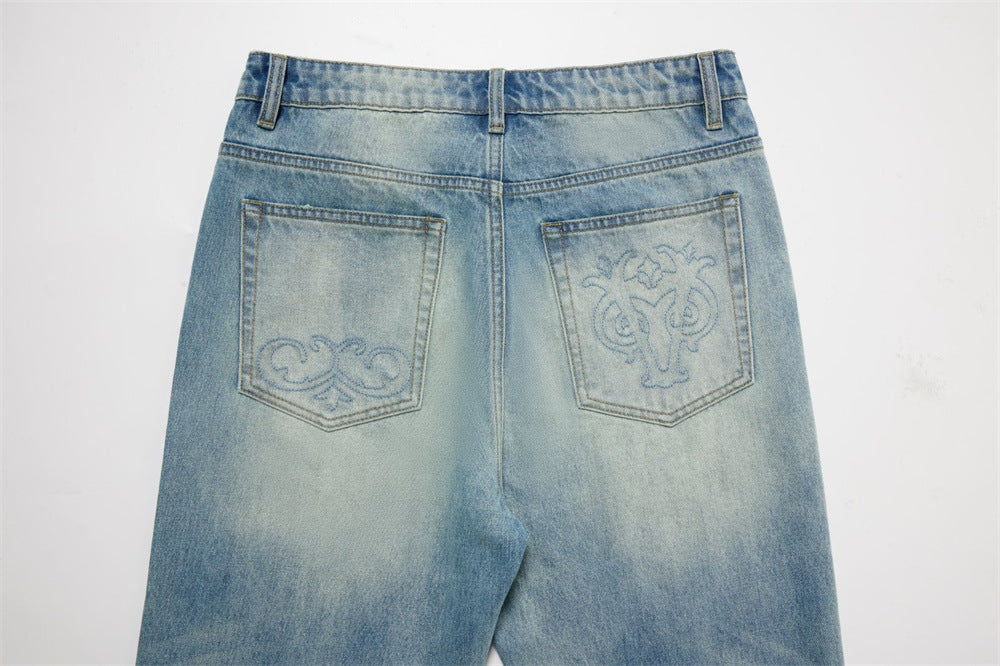 Men's Light Wash Jeans – Floral Embroidery, Metal Clasp Fly & Straight Leg