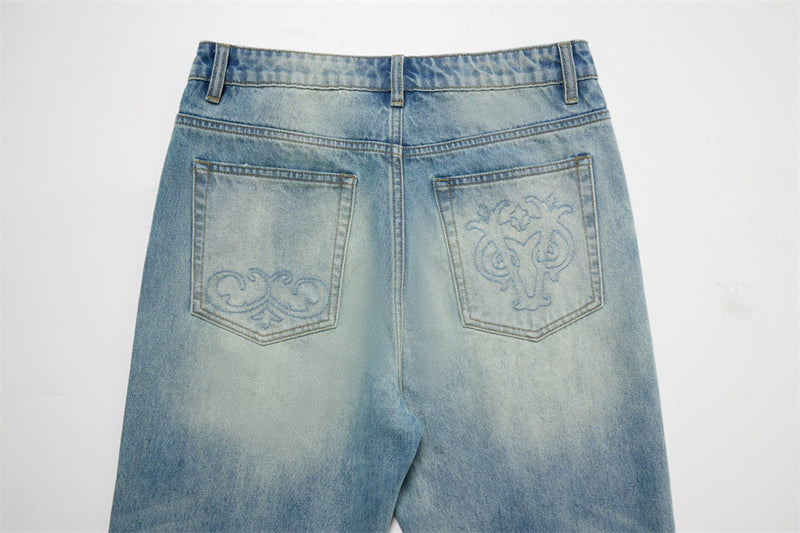 Men's Light Wash Jeans – Floral Embroidery, Metal Clasp Fly & Straight Leg