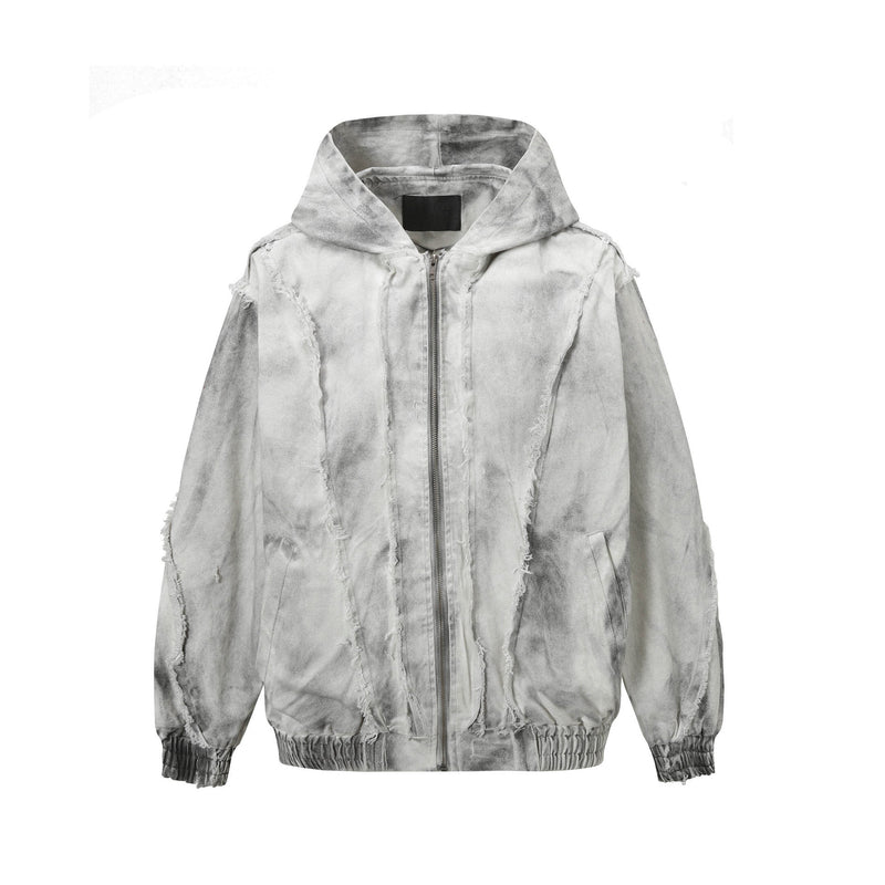 Oversized Hooded Puffer Jacket – Distressed Raw-Edge Washed Streetwear Cotton