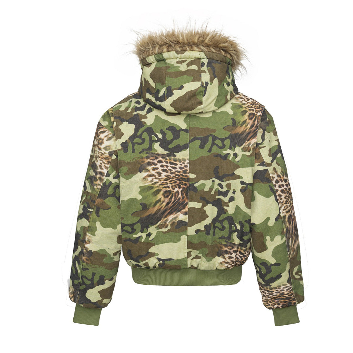 Camo Leopard Print Bomber Jacket with Faux Fur Hood