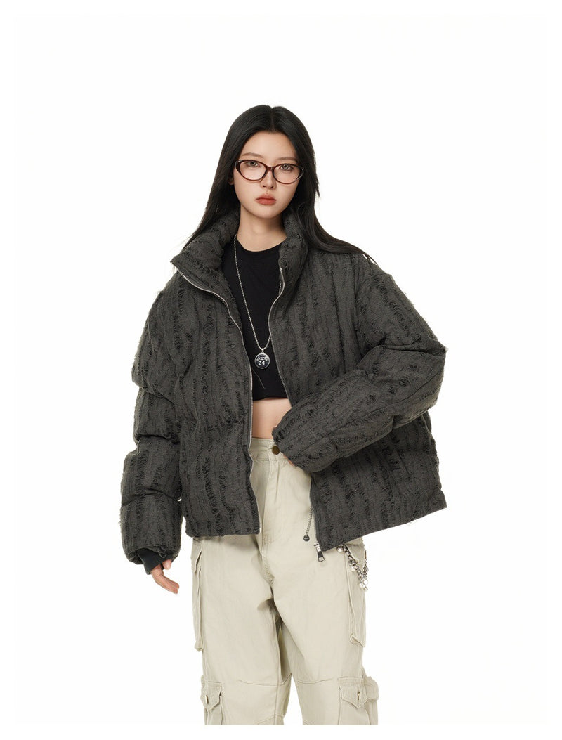 Distressed Texture Puffer Jacket Stand Collar Padded Coat