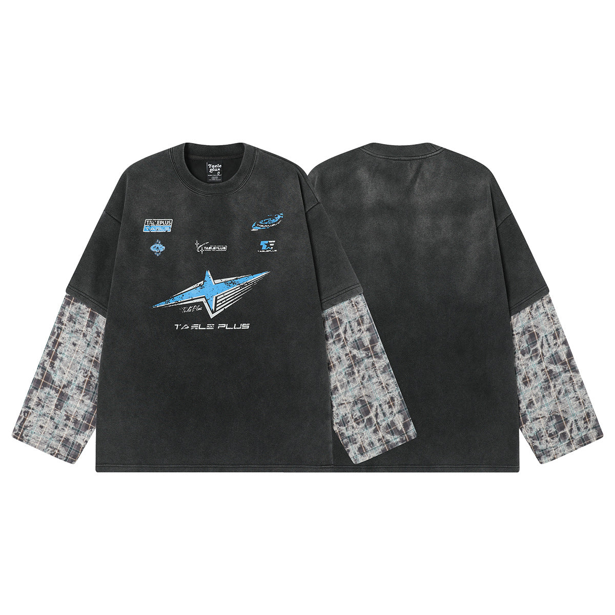 Chemise homme noire délavée à manches longues – Motif racing et manches à carreaux superposées