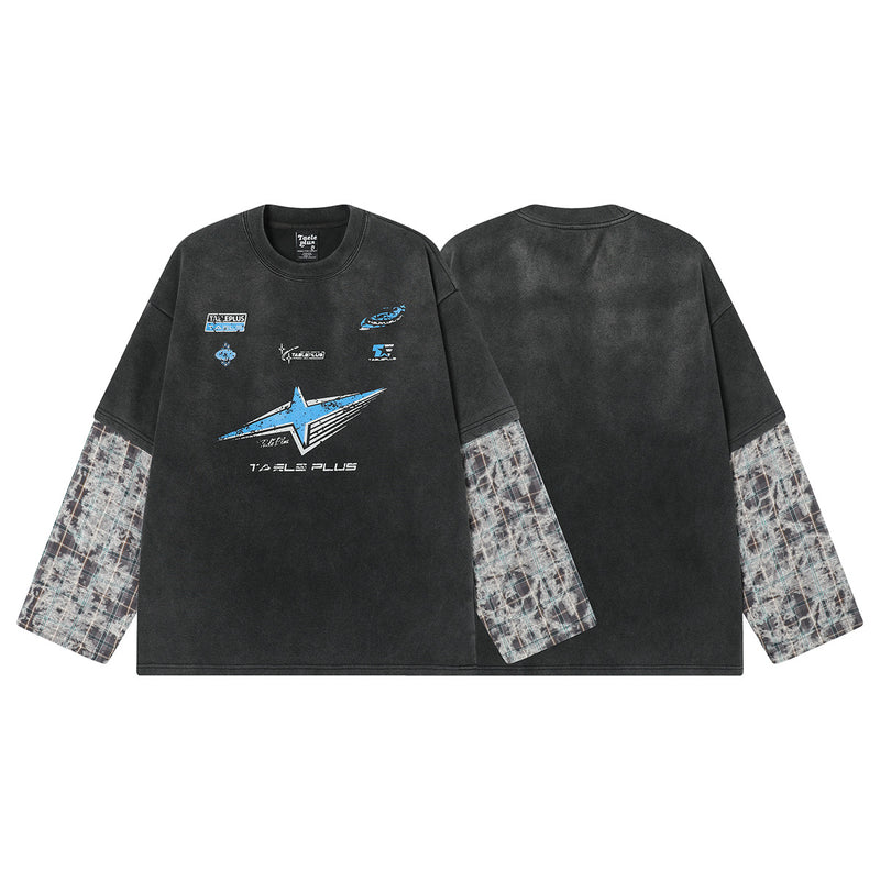 Chemise homme noire délavée à manches longues – Motif racing et manches à carreaux superposées