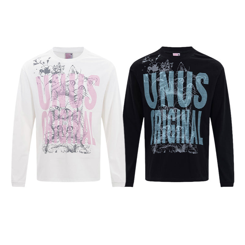 T-shirt manches longues UNUS Original avec motif chat, en blanc et noir, imprimé streetwear audacieux