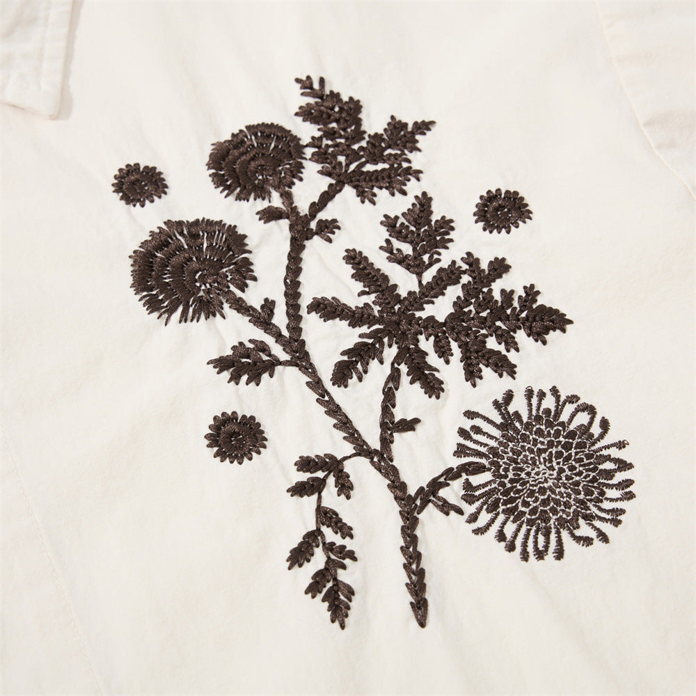 Floral Embroidered Oversized Long-Sleeve Button-Up Shirt